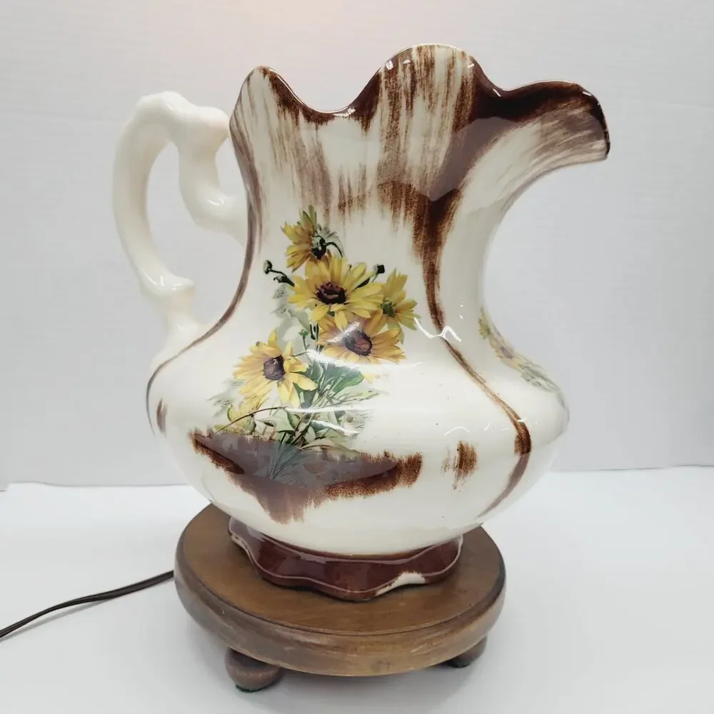 Vtg Table Lamp Water Pitcher Hand Painter Sunflowers Ceramic Wood Base 13